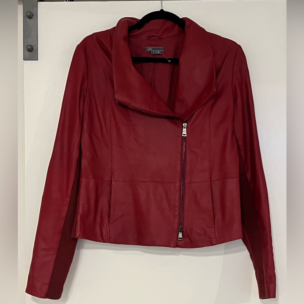 NWOT 🔥Vince Leather Moto Jacket Red X LARGE Womens Zip Up Layered